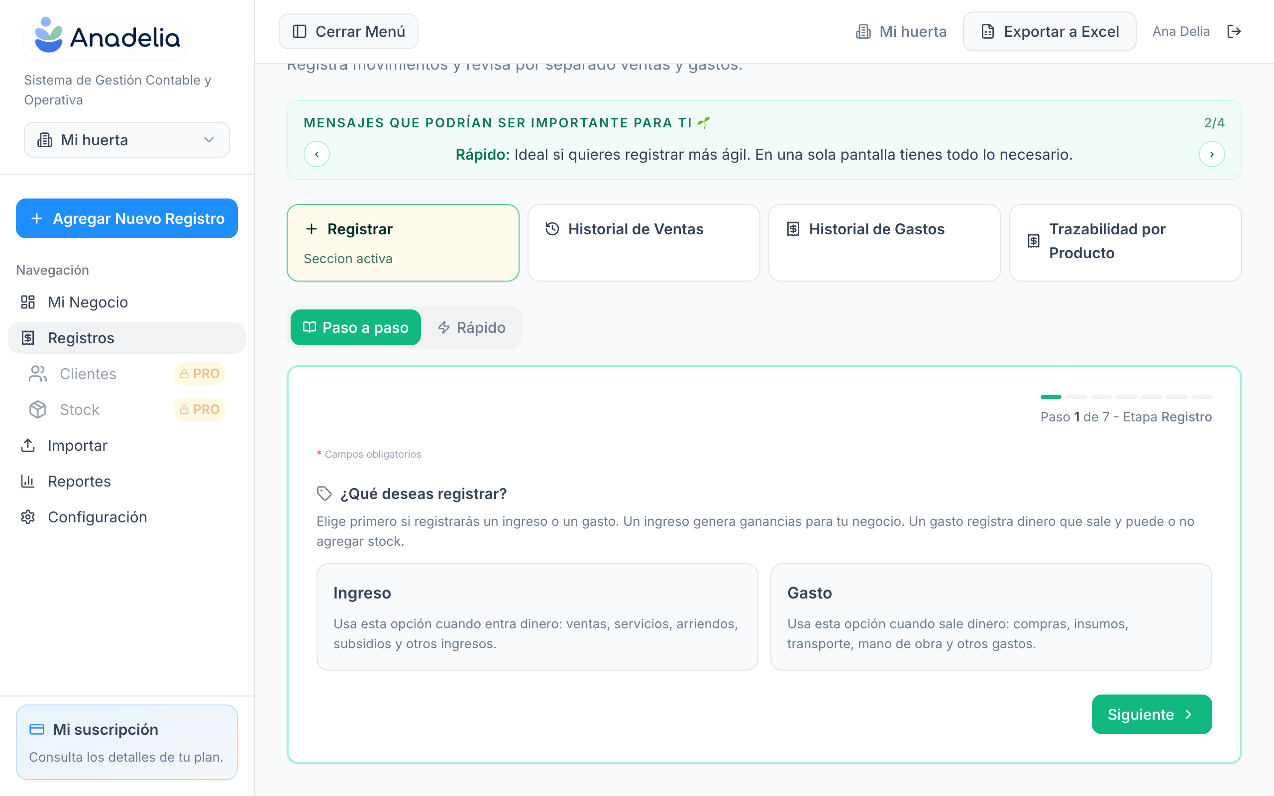 Registro de ventas y gastos en Anadelia