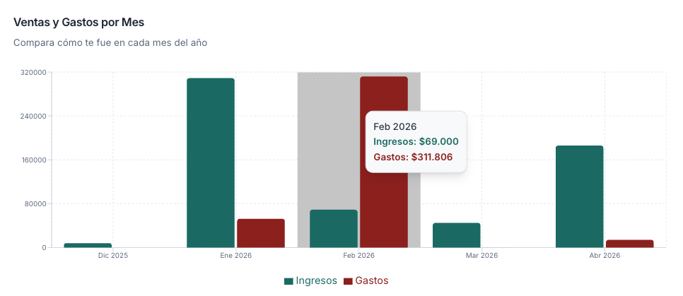 Gráfico Ventas y Gastos por Mes — febrero con $311.806 en gastos y $69.000 en ventas